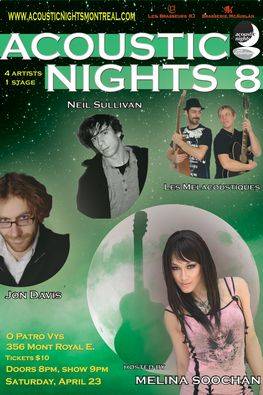 Acoustic Nights 8, hosted by Melina Soochan - 4 artists, 1 stage - April 23 2011. Poster  designed by Mehdi Cee.